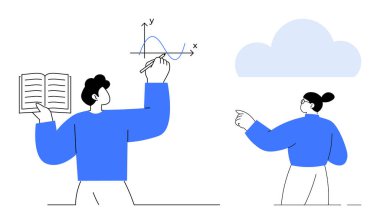 Matematik grafiğini açık bir kitapla analiz eden bir kişi, bir diğeri bulutu işaret ediyor. Eğitim, bilim, öğrenme, yenilik, takım çalışması, araştırma yaratıcılığı temaları için idealdir. Temiz ve basit bir daire