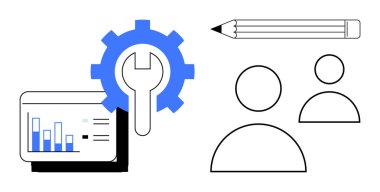 Tablet üzerindeki çizelge, anahtar, kalem ve kullanıcı simgeleriyle ekipman takım çalışması, veri ve araçları vurguluyor. Takım işbirliği, analitik, verimlilik tasarım kişiselleştirme stratejisi ve yenilik için ideal