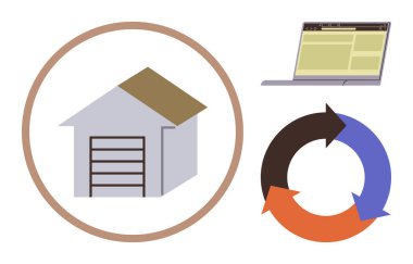 Garaj tarzı depo dairesi, dizüstü bilgisayarda dijital arayüz ve renk kodlu oklar oluşturma döngüsü. Lojistik, depolama, iş akışı, verimlilik, dijital dönüşüm, iş için ideal
