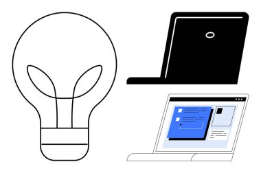 Ampul çizgisi, kapalı laptop silueti ve dijital arayüzü gösteren bir dizüstü bilgisayar. Yenilik, yaratıcılık, teknoloji, uzak çalışma, çevrimiçi öğrenme, girişimcilik için ideal