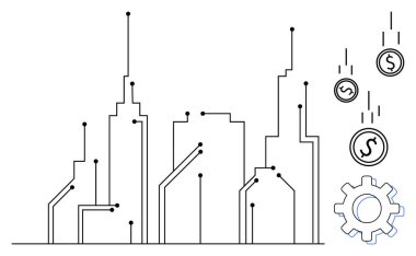 Düşen paralar ve teçhizat dışında dijital devrelerle birbirine bağlı kentsel ufuk çizgisi. Yenilik, teknoloji, finans, ekonomi, mühendislik, otomasyon, kentleşme için ideal. Basit düz metafor