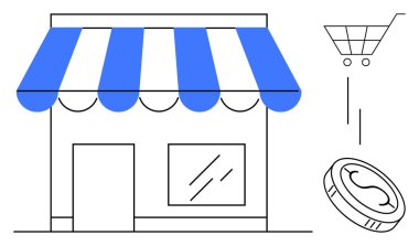 Çizgili güneşlik, alışveriş arabası ve perakende satış, alışveriş, girişimcilik, küçük işletme, perakende stratejileri, çevrimiçi ödeme yöntemleri dijital ticareti temsil eden madeni paralar. Temiz daire