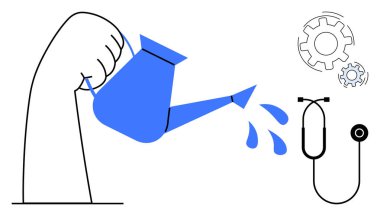 Steteskopu hedefleyen su damlalarıyla el ele tutuşan su kutusu. Arka plandaki dişliler takım çalışması, yenilik ve büyüme öneriyor. Sağlık, destek, strateji ve işbirliği için ideal