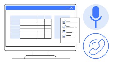 Bir veri tablosu ve kontrol listesi gösteren bilgisayar ekranı. Mikrofon ve telefon için dairesel simgeler ses girişini, veri yönetimini, iletişim araçlarını temsil eder. Teknoloji ve verimlilik için ideal
