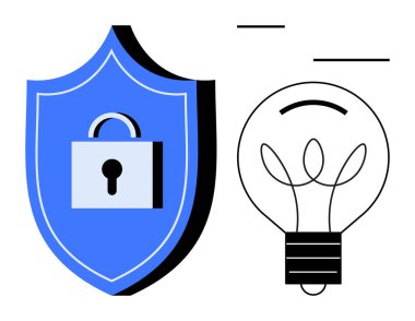 Kilitli kalkanlar, fikirleri ve yaratıcılığı yansıtan bir ampulün yanındaki korumayı simgeliyor. Siber güvenlik, yenilik, fikri mülkiyet, güvenlik, veri gizliliği, problem çözme, basit