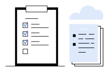 Bir bulut simgesi altında istiflenmiş belgelerin yanındaki panoda işaretli görevleri olan kontrol listesi. Üretkenlik, görev izleme, iş akışı yönetimi, organizasyon, planlama, dijital depolama, proje için ideal