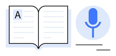 Öğrenmeyi sembolize eden metin ve ses girdisi için mikrofon içeren kitabı aç. Eğitim, erişilebilirlik, teknoloji, okuma, işitsel yaratma, dil öğrenme veya dijital araç temaları için ideal