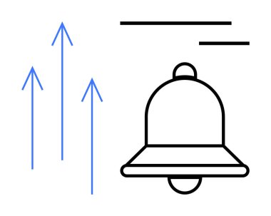 Zil simgesi yukarı doğru üç ok ile eşleştirildi. İlerleme, artış, alarm sistemleri, başarı, bilgilendirmeler, güncellemeler, verimlilik. İletişim ve trendler için ideal iş teknolojisi