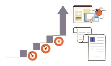 Basamaklı yukarı ok, hedef simgeler, veri tabloları, belgeler. İş stratejisi için ideal, hedef başarısı, büyüme planlaması, performans takibi, eğitim verimliliği için basit düz metafor