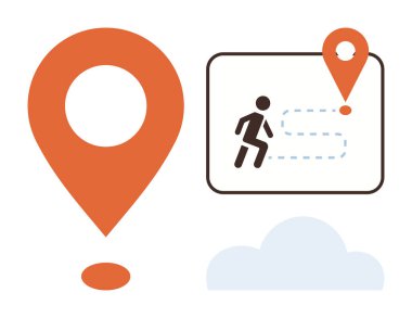 Büyük turuncu harita işareti, küçük noktalı çizgi, yürüyen insan ikonu hedefe gidiyor, bulut. Seyahat planlama, GPS, seyahat, keşif, yol bulma basit düz metafor