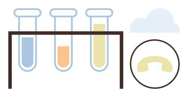 Bir tutacakta renkli sıvılarla dolu üç test tüpü, bir bulut ve dairesel bir petri kabı. Bilim, laboratuvar, araştırma, kimya, yenilik eğitimi deneyleri için idealdir. Basit düz