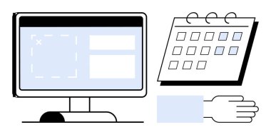 Arayüz modeliyle bilgisayar ekranı, seçilen tarihlerle takvim ızgarası ve el hareketi. Üretkenlik, görev yönetimi, programlama, organizasyon, planlama süreleri için ideal. Basit düz