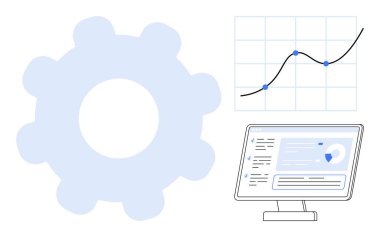 Vites sembolü, veri noktalı büyüme grafiği ve gösterge paneli arayüzlü bilgisayar ekranı. İş stratejisi, analitik, optimizasyon, teknoloji, üretkenlik iş akışı yeniliği için idealdir. Basit.