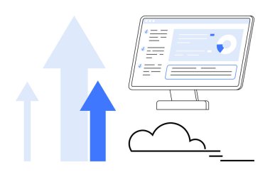 Yukarı bakan oklar, ekrandaki veri göstergesi ve bulut çizgisi büyüme, analitik ve yeniliği temsil ediyor. İş, teknoloji, ilerleme, bulut hesaplama ve strateji için ideal