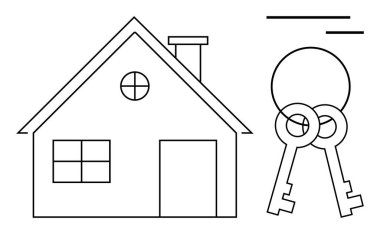Baca ve dairesel pencereli iki anahtarın yanında bir evin taslağı. Gayrimenkul, ev sahipliği, mülk kiralama, ipotek, güvenlik, yatırımlar, konut piyasaları için ideal. Basit düz