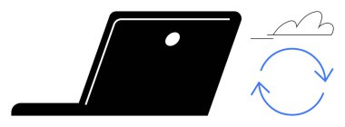 Bulut depolama ve bağlantıyı vurgulayan senkronize oklarla dizüstü bilgisayarı aç. Teknoloji, iş akışı, uzaktan çalışma, veri depolama, yenilik, iletişim ve verimlilik için ideal. Minimalist düz metafor