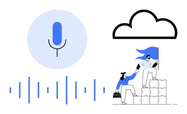 Ses dalgalı mikrofon, bulut simgesi, bayraklı yapboz bloklarına tırmanan ekip. Konseptler için idealdir. Takım çalışması, ses teknolojisi, bulut depolama, işbirliği, liderlik, yenilik