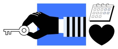 Siyah el ele tutuşan anahtar, mavi arka plan, minimum takvim ve kalp sembolü. Güvenlik, fırsat, planlama, aşk bağlantısına erişim ve hedef belirleme temaları için idealdir. Basit düz metafor