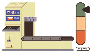 Kontrol paneli, grafikler ve ilerleme göstergesi olan taşıyıcı bant. Otomasyon, imalat, endüstri, verimlilik, teknoloji verimliliği için ideal iş akışı. Basit düz metafor