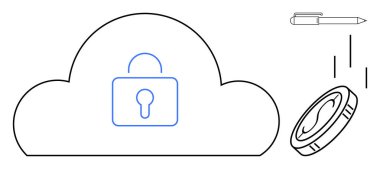 Kilitli bulut güvenliği simgeliyor, para dijital ödemeyi simgeliyor ve kalem teknolojisini simgeliyor. Siber güvenlik, finans, dijital mahremiyet, fintech, bulut depolama, çevrimiçi güvenlik için ideal