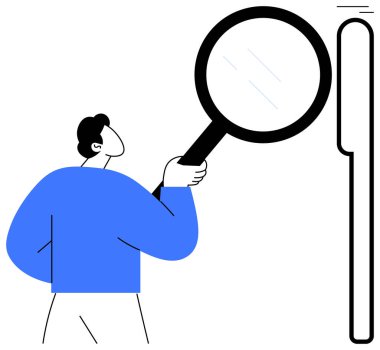 Uzun bir objeyi yakından incelemek için büyüteç kullanan kişi, odaklanmayı, analizi, araştırmayı, araştırmayı, araştırmayı, kalite kontrolü ve hassasiyeti vurguluyor. Basit düz metafor için ideal