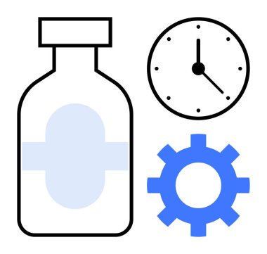 Tıbbi şişe, saat, sağlık hizmetlerini temsil eden ekipman, verimlilik, tedavi, süreç, dakiklik, sağlık iyileştirme optimizasyonu. İlaç eczanesi için ideal üretkenlik, hassas sağlık hizmetleri