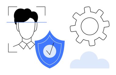 Yüz tanıma taraması, işaretli güvenlik kalkanı, vites simgesi ve bulut elementi. Gizlilik koruması, bulut servisi, kimlik doğrulama, teknoloji, siber güvenlik ayarları için ideal