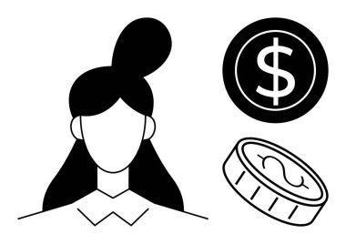 Kadın silueti, içinde dolar ve para tabelaları bulunan, finans, ekonomi, zenginlik, tasarruf, bütçe, yatırım, ticaret dijital ekonomisini vurgulayan baş silueti. Basit düz metafor için mükemmel.