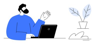 Sakallı kişi dizüstü bilgisayarla iletişim kuruyor ve selamlaşmak için elini kaldırıyor. Yakınındaki bitki estetik dekor katıyor. İletişim için ideal, uzaktan çalışma, teknoloji, bağlantı, üretkenlik, iş sade düz