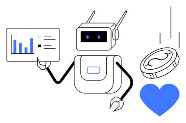 Robot performans grafiği tutuyor, bozuk para gösteriyor, ve kalp ikonu dikkat diyor. Fintech, AI, otomasyon, veri analizi, yenilik, ekonomi fütüristik temaları için ideal