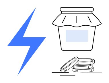 Mavi yıldırım, kumaş kapaklı kavanoz, bozuk para yığını. Finans, enerji, sürdürülebilirlik, ev yapımı ürünler, yatırım eko-arkadaşlığı için ideal. Temiz ve basit düz metafor