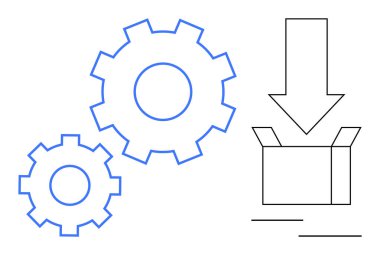 İşlemleri temsil eden iki vites, açık bir kutuya ok yerleştirme, teslimat ya da otomasyonu işaret ediyor. Teknoloji, iş akışı, sistem, lojistik, üretim yeniliği için ideal