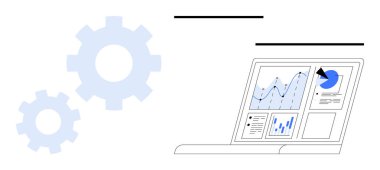 Dişli simgelerinin yanında dizüstü bilgisayar grafikleri, grafikleri ve analizleri gösteriyor. Veri analizi, teknoloji, otomasyon, iş akışı, verimlilik dijital araçları ve verimlilik için ideal. Basit düz metafor