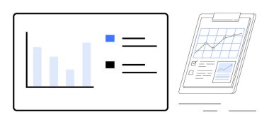 Çizgi çizelgesi ve belgelerle birlikte ekranda bir çubuk grafik. Veri analizi, iş hedefleri, planlama, strateji, performans değerlendirmesi, raporlama için ideal, basit düz metafor