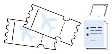 Bir dizüstü bilgisayar ve bir yığın belgenin yanında iki uçak bileti. Seyahat rezervasyonu, seyahat planlaması, turizm, iş, hazırlık, organizasyon, verimlilik için ideal. Basit düz metafor