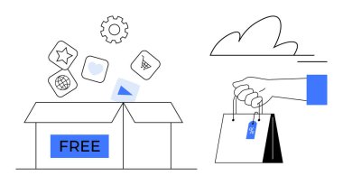 İçinde vites, yıldız ve alışveriş arabası da dahil olmak üzere ücretsiz ürün ikonlarının olduğu bir kutu açın. Yanında da bir alışveriş çantası tutun. E-ticaret, indirimler, alışveriş, promosyonlar, ücretsiz hizmetler için ideal