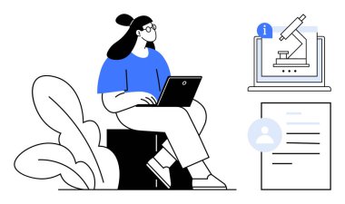 Bilgisayarlı bir kadın, ekranda mikroskop ve araştırma, öğrenme ve veri analizini sembolize eden bir belge. Eğitim, teknoloji, bilim, üretkenlik bilgisi için ideal basit düz bilgi