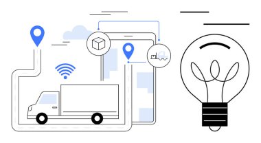 GPS takibi, dijital tedarik zinciri ağı ve yenilik için ampul taşıyan teslimat kamyonu. Lojistik, ulaşım, teknoloji, tedarik zinciri, e-ticaret, yenilik bağlantısı için ideal