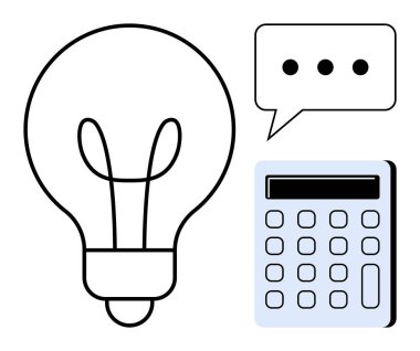 Fikirleri sembolize eden ampul, hesaplamalar için hesap makinesi ve iletişim için konuşma balonu. Yenilik, teknoloji, eğitim, finans, yaratıcılık matematiği problem çözme için idealdir. Basit düz