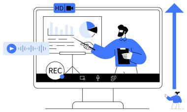 Sunucu çevrimiçi bir video sunumu sırasında veri grafiklerine işaret ediyor. Kaydı, ses kaydını, iletişim araçlarını içerir. Webinarlar için ideal, uzak çalışma, e-öğrenme, analitik, eğitim