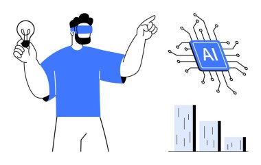 Yeniliğin sembolü olarak elinde ampul tutan VR kulaklık takan adam yapay zeka çipini çubuk grafiğinin yakınına doğrultuyor. Teknoloji, yapay zeka, yenilik, VR, modern iş, yaratıcılık, basit düz metafor