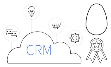 İletişim, yenilik, alışveriş, vites simgeleri, ödül rozeti ve yumurta şekilleriyle çevrili CRM metni olan bir bulut. Üretkenlik, satış, yönetim başarısı yenilik yazılım bulutu için ideal