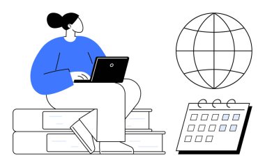 Kadın dizüstü bilgisayarda çalışırken yanında bir küre ve takvim de var. Eğitim, uzaktan öğrenme, planlama, üretkenlik, dijital araçlar, küresel bağlantı, basit