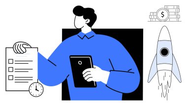 Tablet ve kontrol listesi, roket fırlatma ve istiflenmiş paralar tutan adam. İş stratejisi, üretkenlik, yenilik, yönetim, girişimcilik hedefi profesyonel büyüme için idealdir. Basit düz