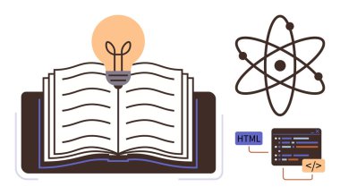 Üstünde parlak ampul olan açık bir kitap öğrenmeyi simgeler. Atom tasarımı ve kodlama pencereleri bilim, yenilik ve teknolojiyi temsil ediyor. Eğitim, yaratıcılık, araştırma, STEM, programlama için ideal