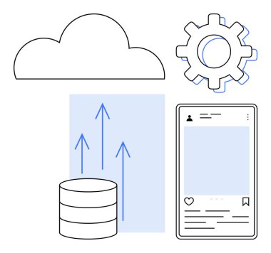 Bulut, veritabanı, yukarı doğru ok, dişli ve mobil arayüz. Bulut hesaplama, veri yönetimi, sosyal medya, yenilik teknolojisi dijital pazarlama için ideal basit düz metafor