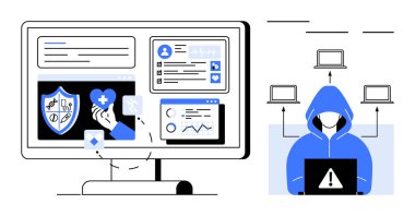 Sağlık verisi olan bilgisayar ekranı, rozet, bilgisayarlı kapüşonlu sweatshirt giyen bilgisayar korsanının yanındaki analitik. Dijital güvenlik, tıbbi veri güvenliği, sağlık sistemleri, çevrimiçi dolandırıcılık için ideal