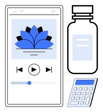 Nilüfer grafiği, hap şişesi ve sağlık takibi öneren hesap makinesiyle akıllı telefon farkındalık uygulaması. Sağlık, farkındalık, sağlık uygulamaları, stres yönetimi, sağlık hizmetleri, kişisel bakım için ideal