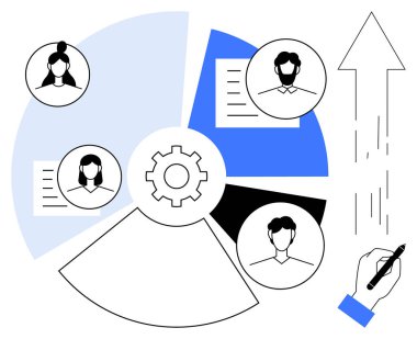 Bir dişliye bağlı profiller ve bölünmüş grafikler takım çalışmasını ve ilerlemesini sembolize ediyor. Ok, büyüme ve planlama anlamına gelir. Takım çalışması, iş akışı, strateji, ağ oluşturma, yönetim, işbirliği için ideal