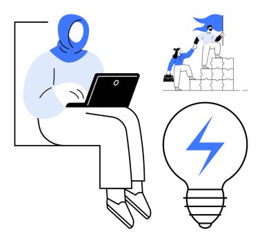 Dizüstü bilgisayar kullanan bir kadın, bayrak taşıyan bloklara tırmanmak için işbirliği yapan bireyler ve parlayan bir ampul. Takım çalışması, yenilik, liderlik, üretkenlik, güçlendirme, eğitim minimalizmi için ideal